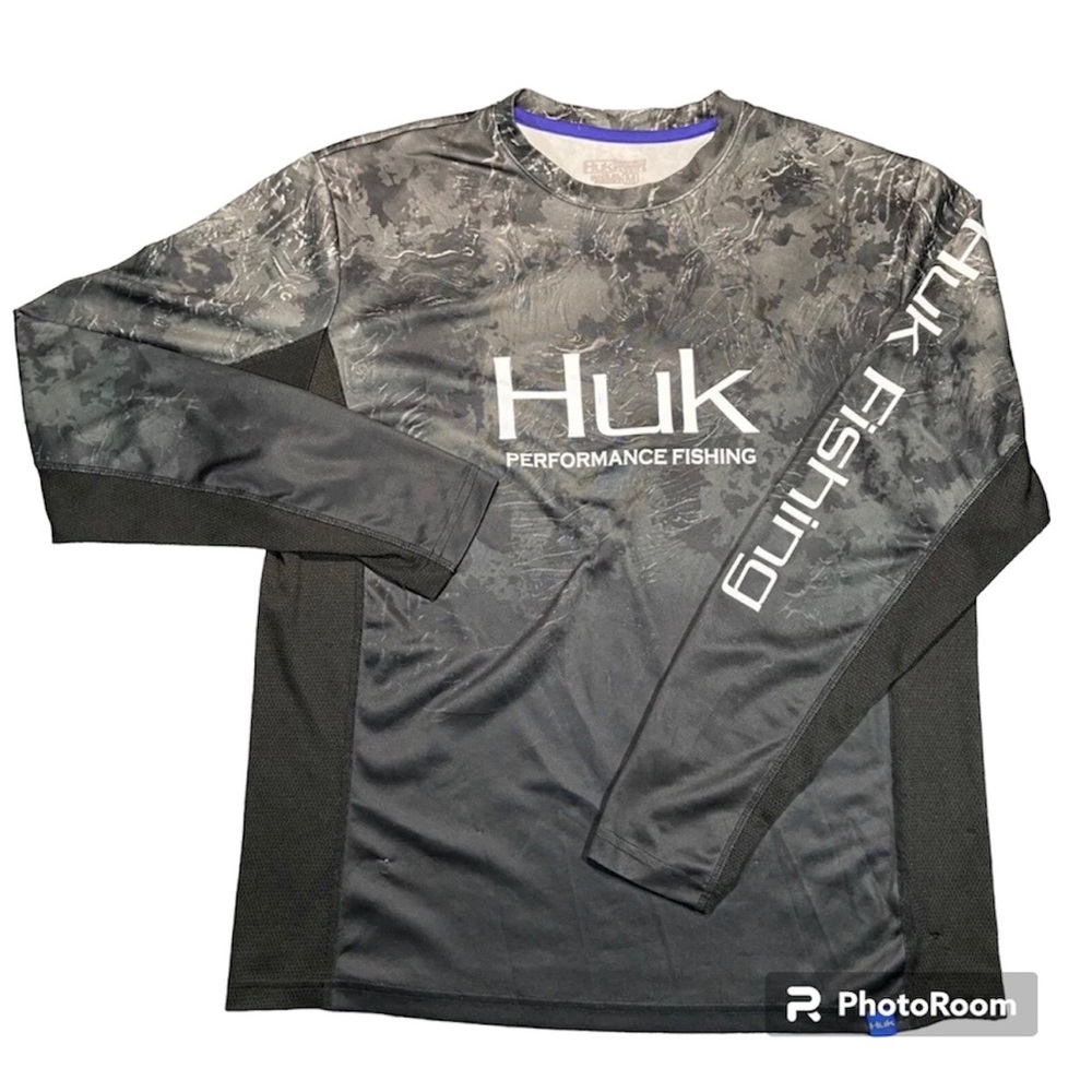 Huk Shirt Mens Black Crew Neck Long Sleeve Quick Dry Performance Fishing Size- L